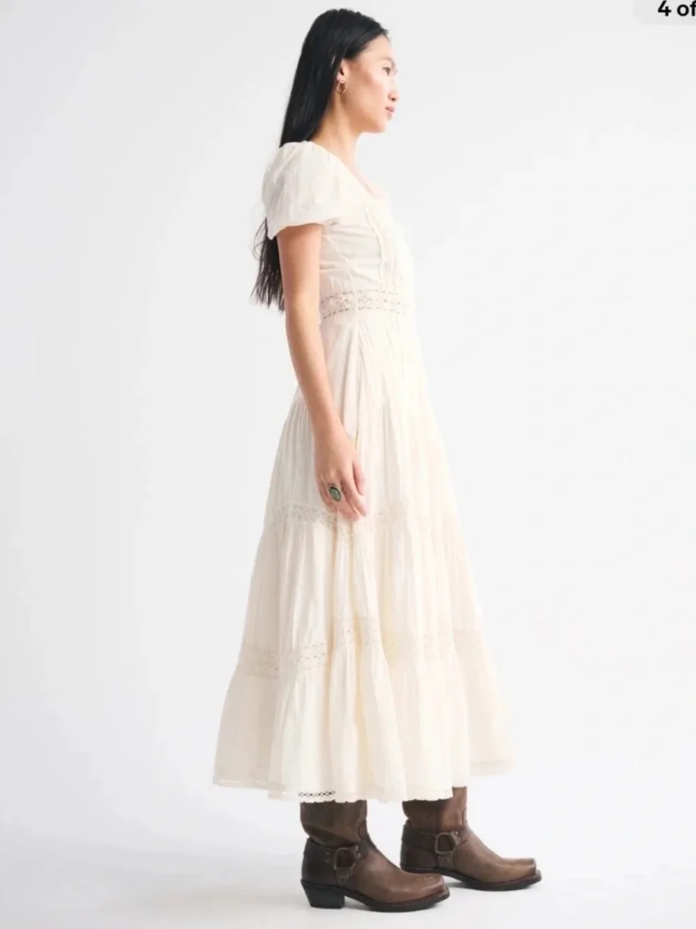 Abercrombie x Kemo Sabe 100% Cotton Puff Sleeve Lace Ruffle Boho Maxi Dress L